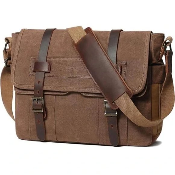 New Leather / Canvas Laptop Computer Bag Briefcase - Picture 6 of 12